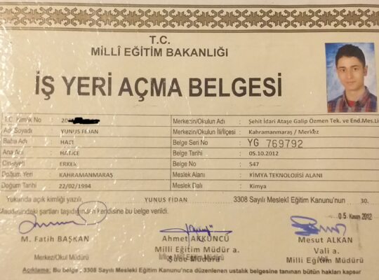 Kimya Alanı Iş yeri açma belgesi