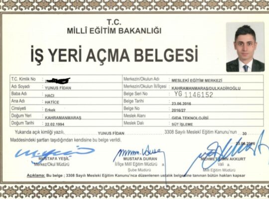 Süt ve süt ürünleri ,gıda, iş yeri açma belgesi