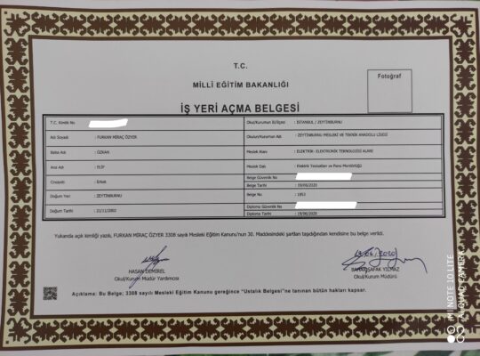 ELEKTRİK VE ELEKTRONİK İŞ YERİ AÇMA BELGESİ