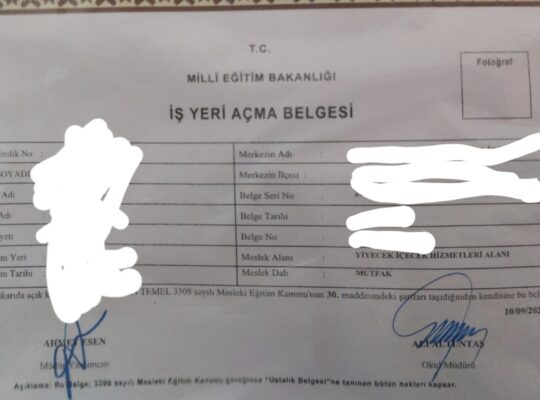 Yiyecek içecek ve mutfak iş yeri açma ustalık belgesi