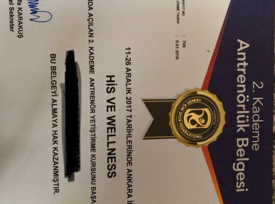 Welness 2. Kademe kiralik antrenörlük belgesi