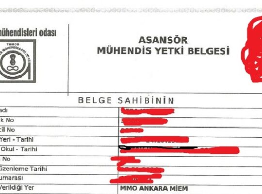 Asansör Yetkili servis Teknik Sorumlusu Mühendis Yetki Belgesi