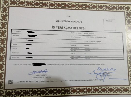 Pastacılık Dükkan açma belgesi