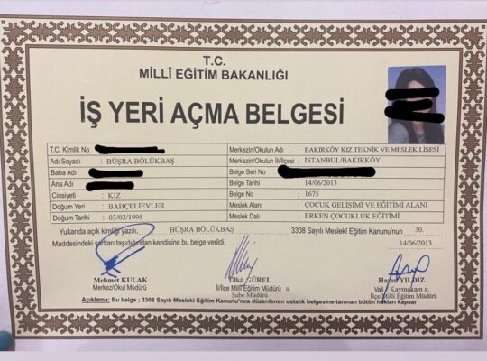 MEB ONAYLI ANAOKULU İŞ YERİ AÇMA BELGESİ!!!