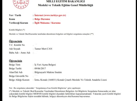 İş yeri açma belgesi – Bilgisayarlı makina imalatı