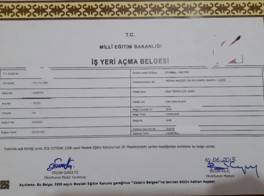 Gıda teknolojisi İŞ YERI AÇMA BELGESİ