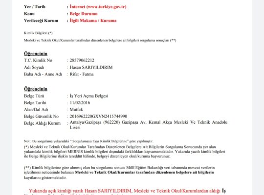 Mutfak iş yeri açma belgesi