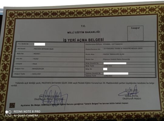 Bilgisayar Destekli Makina Ressamlığı İş Yeri Açma belgesi