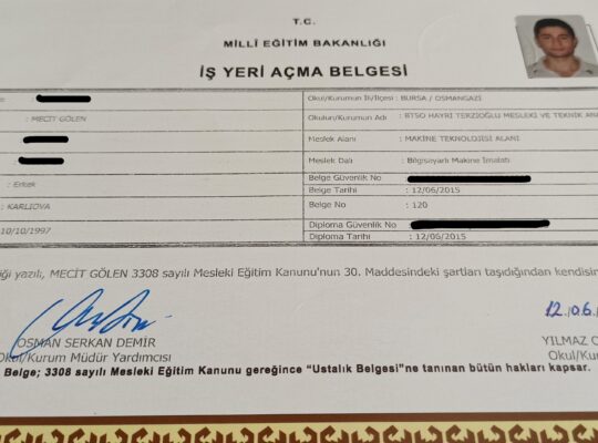 CNC (BİLGİSAYARLI MAKİNE İMALATI) İŞ YERİ BELGESİ