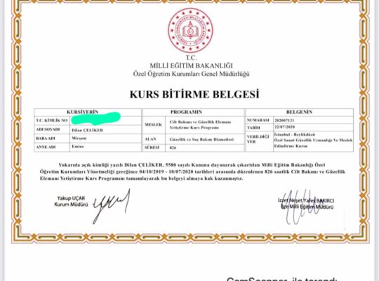 Güzellik ve saç bakım hizmetleri belgesi