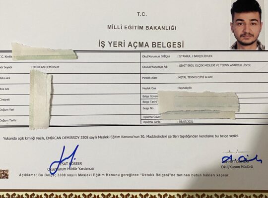 Metal Teknolojisi iş yeri belgesi