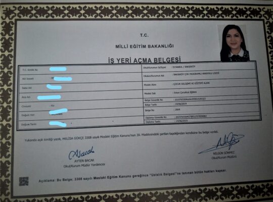 ÇOCUK GELİŞİMİ VE ERKEN ÇOCUKLUK EĞİTİM MESLEK DALI İŞ YERİ AÇMA BELGESİ